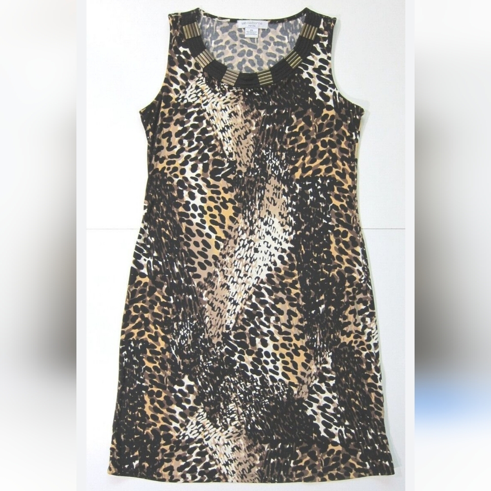 Liz Claiborne Black Brown Leopard Stretch Sleeveless Tunic Sheath Dress .Size XL